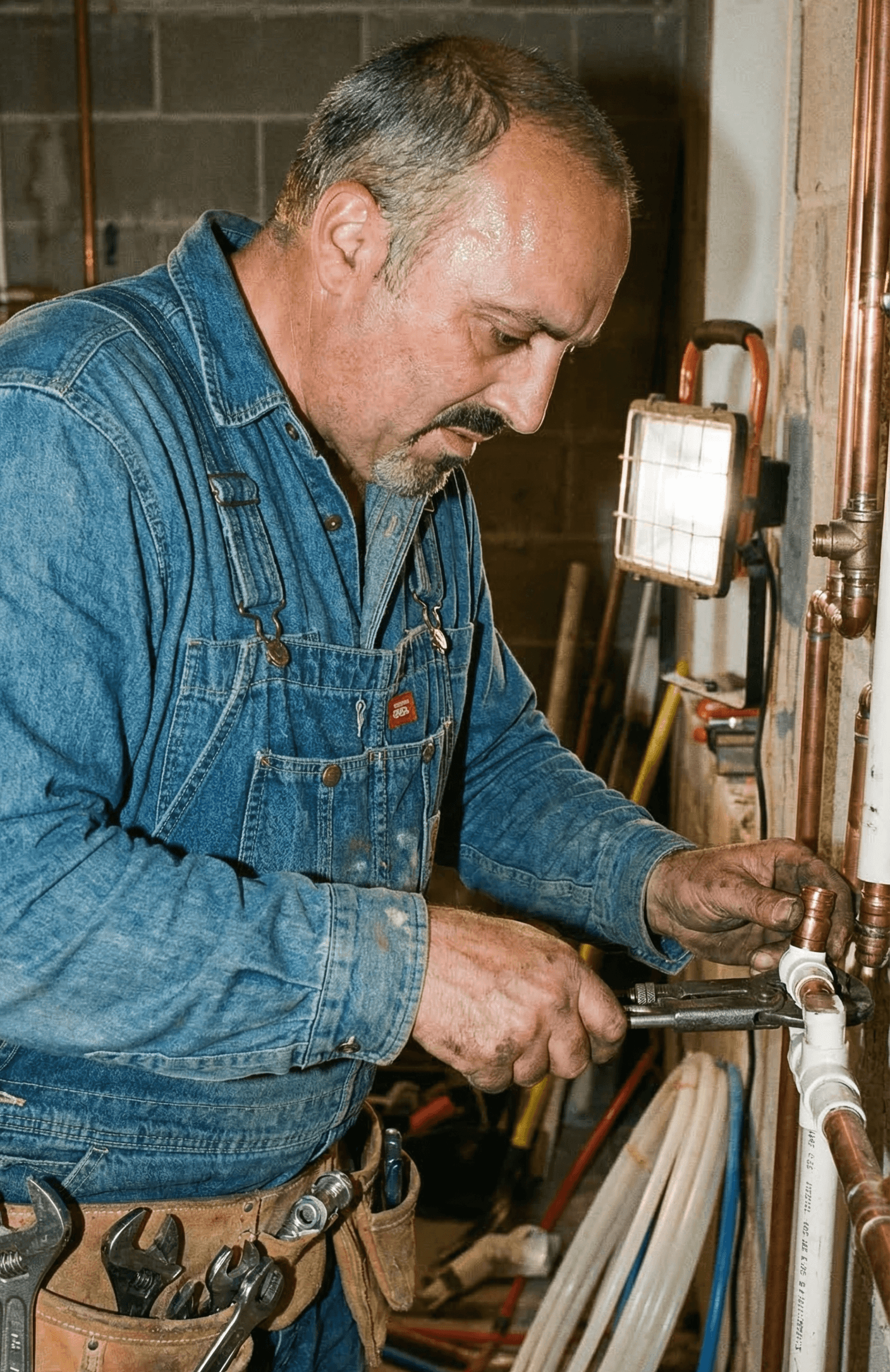 Gilles Cauchois, artisan plombier, en train de travailler sur un chantier de rénovation à Rouen