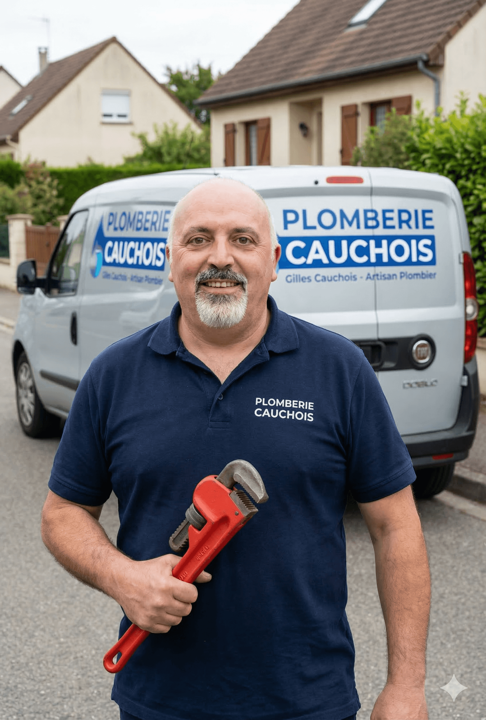 Photo de l'artisan plombier Gilles Cauchois souriant devant son camion utilitaire à Rouen