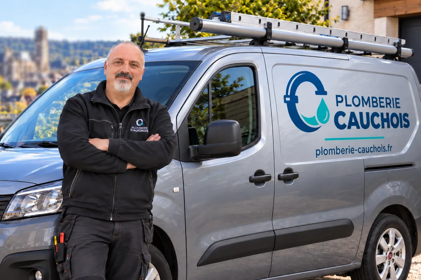 Gilles Cauchois, artisan plombier, devant son camion Plomberie Cauchois avec la cathédrale de Rouen en arrière-plan