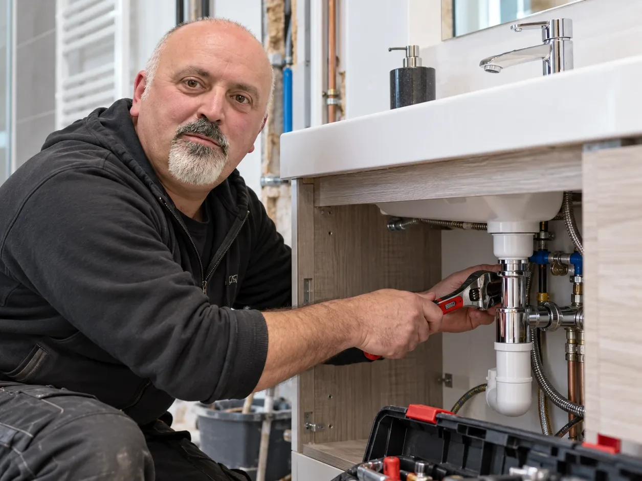 Gilles Cauchois raccordant le siphon d'un meuble vasque lors d'une rénovation de salle de bain près de Rouen